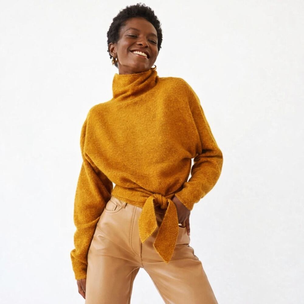 Aritizia Wilfred Lorin Alpaca Wool Turtleneck Tie-Waist Pullover Sweater Orange